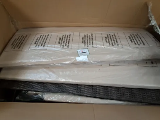 BOX OF RATTAN EFFECT OUTDOOR FURNITURE PARTS AND CUSHIONS