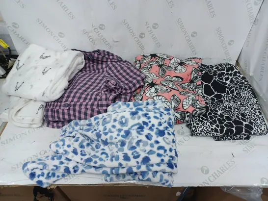 LARGE BOX OF ASSORTED CLOTHING ITEMS TOO INCLUDE TOPS , FLUFFY PANTS AND TSHIRTS COMING IN DIFFERENT COLOURS AND SIZES 