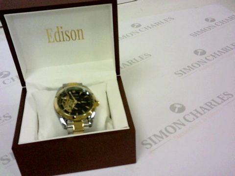 MEN’S EDISON AUTOMATIC MOONPHASE WATCH WITH STAINLESS STEEL SILVER AND YELLOW GOLD COLOUR STRAP, AND BLACK DIAL. RRP £600