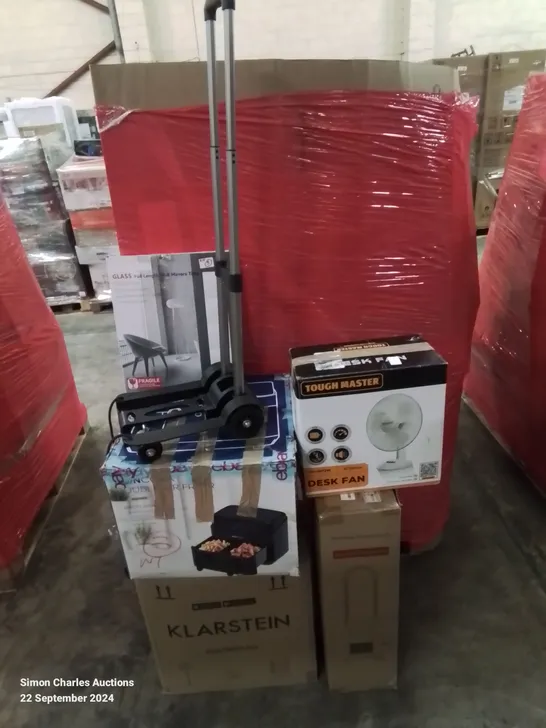 PALLET OF MIXED BOXED HOUSEHOLD ITEMS TO INCLUDE; FANS, AIR FRYER, TROLLEY, MIRROR TILES ETC.