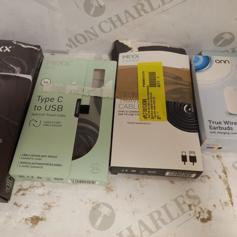 BOX OF APPROXIMATELY 10 ASSORTED HOUSEHOLD ITEMS TO INCLUDE MIXX CARDIO SPORTS EARPHONES, ONN TRUE WIRELESS EARBUDS, MIXX TYPE C TO USB TRAVEL CABLE, ETC