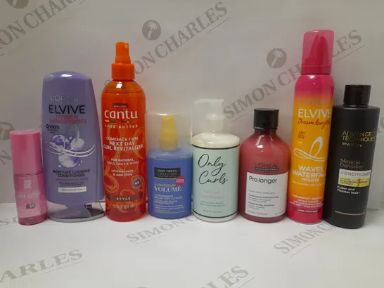 LOT OF APPROX 8 ASSORTED HAIR CARE PRODUCTS TO INCLUDE ELVIVE DREAM LENGTHS WAVES WATERFALL MOUSSE, L'OREAL PRO LONGER SHAMPOO, GIVE ME HAIR SERUM, ETC