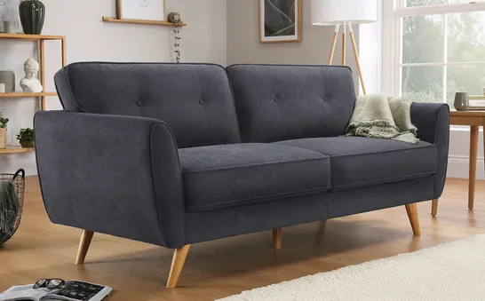 BOXED DESIGNER HARLOW SLATE GREY PLUSH FABRIC THREE SEATER SOFA 