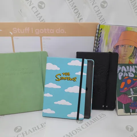 APPROXIMATELY 17 ASSORTED NOTEBOOKS, DIARIES, JOURNALS, PLANNERS TO INCLUDE THE SIMPSONS A5 JOURNAL. OUR DAY WEDDING PLANNER, HARRY POTTER 2024 DIARY 