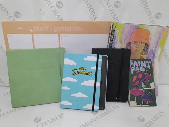 APPROXIMATELY 17 ASSORTED NOTEBOOKS, DIARIES, JOURNALS, PLANNERS TO INCLUDE THE SIMPSONS A5 JOURNAL. OUR DAY WEDDING PLANNER, HARRY POTTER 2024 DIARY 