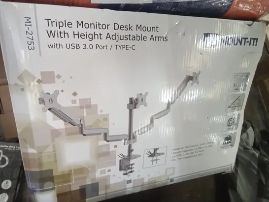 BOXED TRIPLE MONITOR DESK MOUNT WITH HEIGHT ADJUSTABLE ARMS 