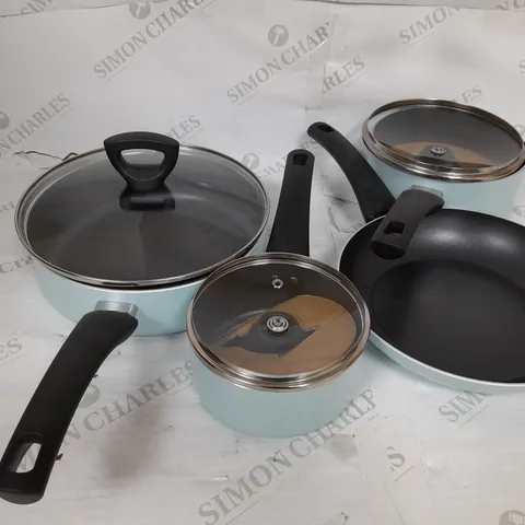 COOK'S ESSENTIALS 4 PIECE NON STICK COOKWARE SET WITH BAKELITE HANDLES IN PASTEL BLUE