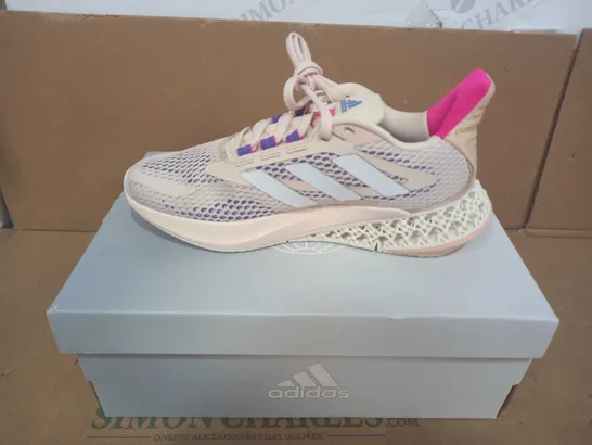 BOXED PAIR OF ADIDAS TRAINERS IN BEIGE/BLUE/PINK UK SIZE 4