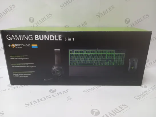 BRAND NEW BOXED RAZER GAMING BUNDLE 3 IN 1 TO INCLUDE - GAMING HEADSET, MEMBRANE RGB KEYBOARD AND ESSENTIAL GAMING MOUSE