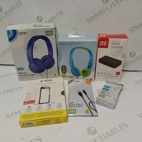 BOX OF APPROX 20 ASSORTED ITEMS INCLUDING ONN WIRED HEADPHONES, ZAGG PHONE PROTECTIVE CASE AND ASDATECH KIDS WIRED HEADPHONES