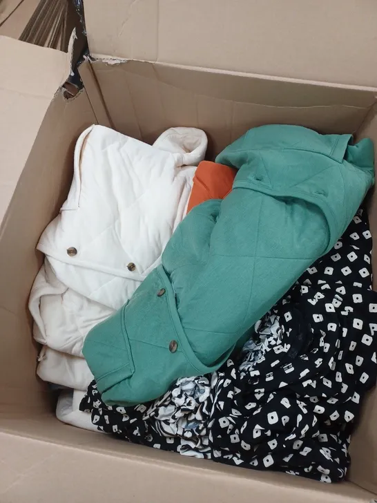 LARGE BOX OF ASSORTED CLOTHING ITEMS TOO INCLUDE TOPS , TROUSERS AND JUMPERS COMING IN DIFFERENT COLOURS AND SIZES 