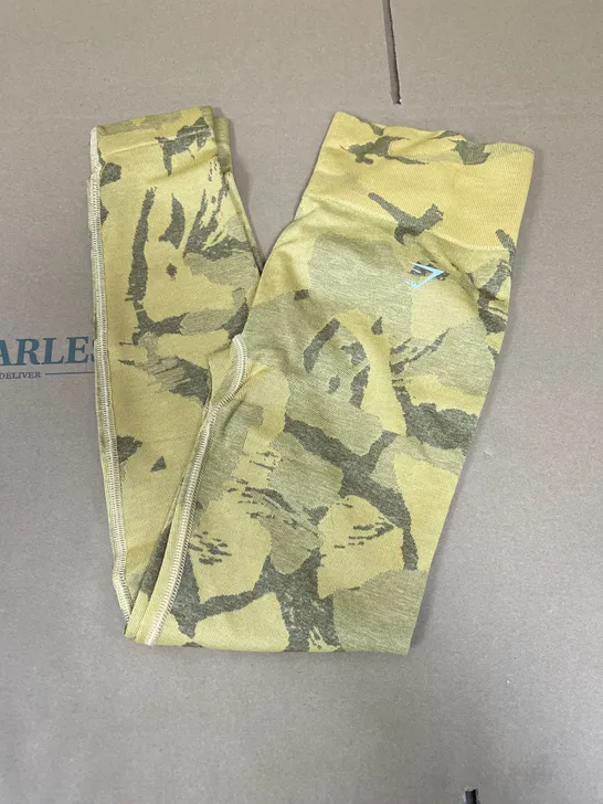 GYMSHARK CAMO PRINT LEGGINGS IN MUSTARD YELLOW SIZE SMALL