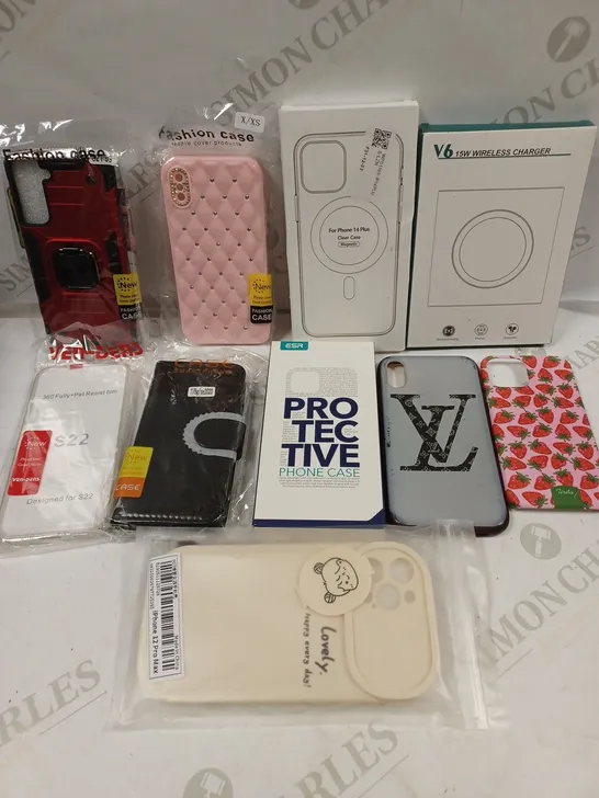 BOX TO CONTAIN APPROX. 25 X ASSORTED PHONE ACCESSORIES. INCLUDES PHONE CHARGERS, CASES AND SCREEN PROTECTORS. 