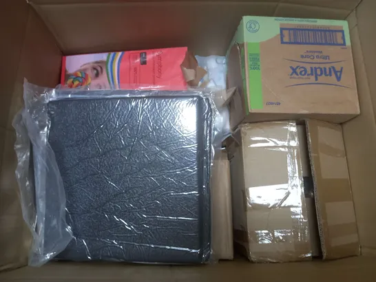 BOX OF APROXIMATELY 15 ASSORTED HOUSEHOLD ITEMS TOO INCLUDE TABLET CASES , JOURNALS , CASTERS , ETC 