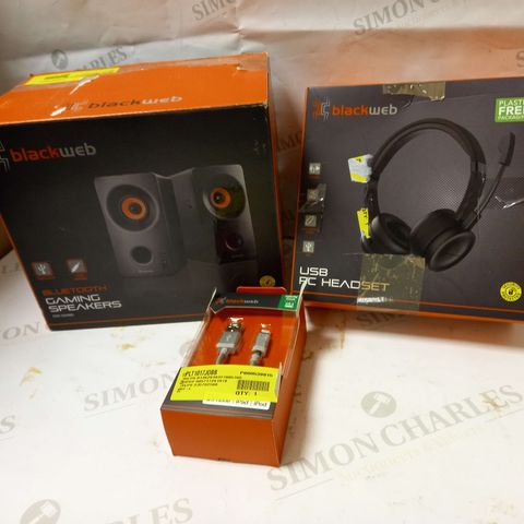 LOT OF 3 ASSORTED BLACK WEB ITEMS TO INCLUDE BLUETOOTH GAMING SPEAKERS, PC HEADSET, USB CHARGE CABLE