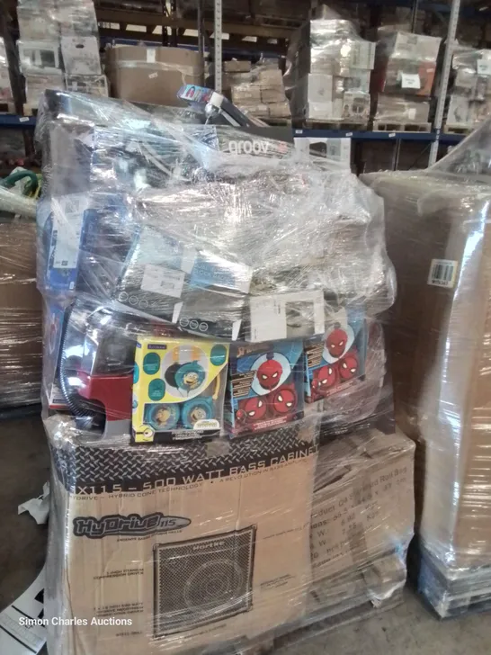 PALLET OF ASSORTED TOYS & GAMES, CHILDREN & ADULT HEADPHONES, BASS CABINET AMPLIFIER, ALARM CLOCK RADIO.