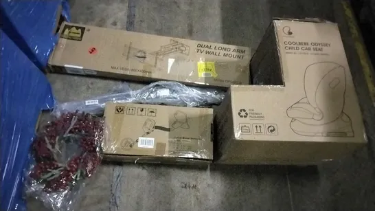 PALLET OF ASSORTED ITEMS INCLUDING COOLBEBE ODYSSEY CHILD CAR SEAT, FORGING MOUNT DUAL ARM TV WALL MOUNT, METAL DETECTOR, CHRISTMAS WREATH, 4 SET OF WINDOW DEFLECTORS, KNITTING MACHINE