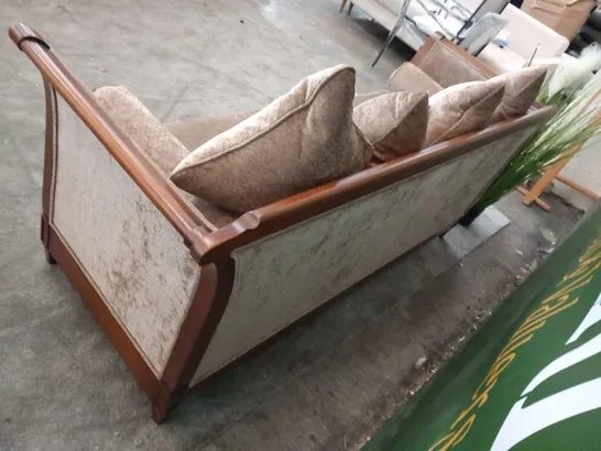 DESIGNER MAHOGANY FRAMED SOFA IN LAID WITH LIGHT BROWN FABRIC