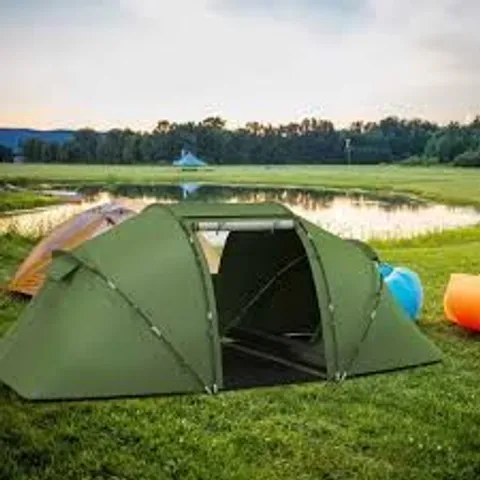 BOXED OUTSUNNY 4-6 MAN CAMPING TENT W/ TWO BEDROOM, HIKING SUN SHELTER, UV PROTECTION TUNNEL TENT, DARK GREEN