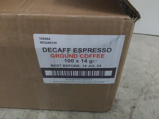 BOXED SET TO CONTAIN APPROX 100 X 14g SACHES OF DECAFF ESPRESSO GROUND COFFEE // BEST BEFORE: 19/07/24