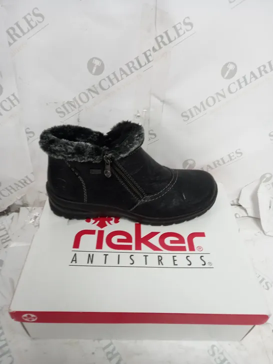 BOXED RIEKER ANKLE BOOTS WITH FUR CUFF, BLACK - SIZE 6