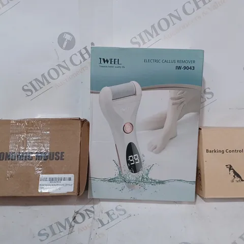 BOX OF APPROXIMATELY 10 ASSORTED HOUSEHOLD ITEMS TO INCLUDE BARKING CONTROL COLLAR, TWEEL ELECTRIC CALLOUS REMOVER, UNBRANDED ERGONOMIC MOUSE, ETC