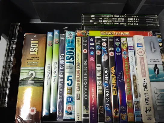 BOX OF APPROXIMATELY 15 DVDS TO INCLUDE - PAUL ZERDIN NO STRINGS , LOST 4 , STAR WARS OBI WAN KENOBI ETC