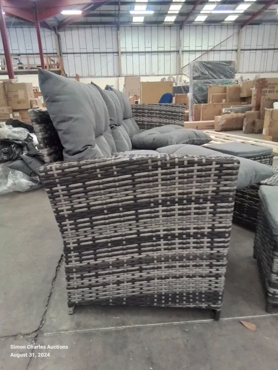 3 SEATER RATTAN SOFA AND 3 FOOT STOOLS WITH ASSORTED CUSHIONS, 