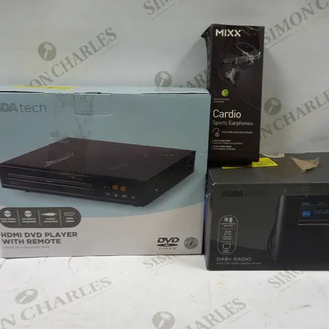 BOX OF APPROXIMATELY 20 ASSORTED ELECTRICALS TO INCLUDE HDMI DVD PLAYER WITH REMOTE, DAB+ RADIO, MIXX CARDIO SPORTS HEADPHONES, ETC