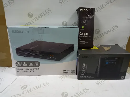 BOX OF APPROXIMATELY 20 ASSORTED ELECTRICALS TO INCLUDE HDMI DVD PLAYER WITH REMOTE, DAB+ RADIO, MIXX CARDIO SPORTS HEADPHONES, ETC