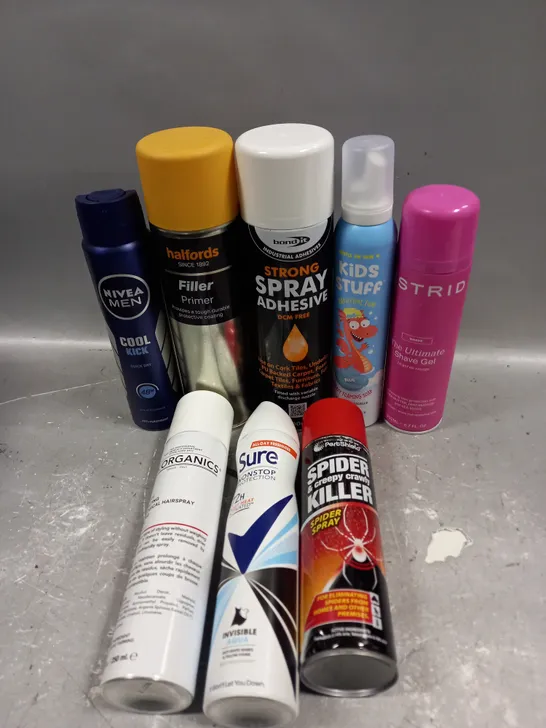 APPROXIMATELY 20 ASSORTED AEROSOLS TO INCLUDE SPRAY ADHESIVE, SPIDER KILLER, SURE DEODORANT ETC - COLLECTION ONLY 