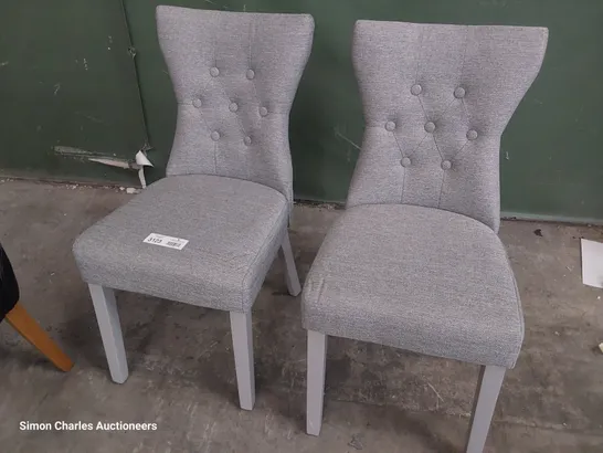 PAIR OF UPHOLSTERED BUTTONED BACK DINING CHAIRS GREY FABRIC ON GREY PAINTED LEGS 