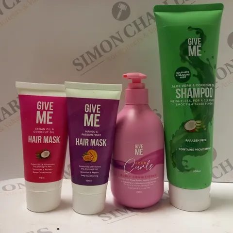 BOX OF 4 GIVE ME PRODUCTS TO INCLUDE SHAMPOO, CURLY CONDITIONER, HAIR MASKS