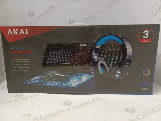 AKAI 4 IN 1 GAMING SET INCLUDES: GAMING KEYBOARD. MOUSE, HEADSET, MOUSE PAD 