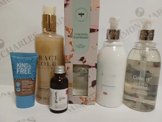 BOX OF APPROXIMATELY 10 ITEMS INCLUDING GRACE COLE HAND WASH, COLONY HAND LOTION AND RIMMEL FOUNDATION