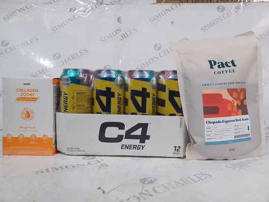 APPROXIMATELY 5 ASSORTED FOOD & DRINK ITEMS TO INCLUDE PACT COFFEE CHAPADA ESPRESSO RED ACAIÁ, C4 ENERGY COSMIC RAINBOW 12 PACK, & ZOOKI COLLAGEN IN MANGO PEACH