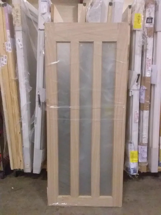 1984MM X 837MM WIDE 3 GLASS PANNEL INTERIOR DOOR WITH DAMAGE FRAME