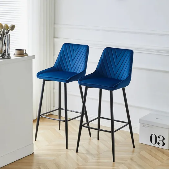 BOXED LOURDES SET OF TWO BLUE VELVET BAR STOOLS