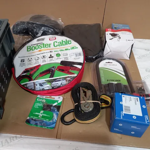 TOTE OF ASSORTED AUTO ITEMS TO INCLUDE A EMERGENCY BOOSTER CABLE, A LUCAS STANDARD AUTOMOTIVE BULB AND A U-TYPE LOCK