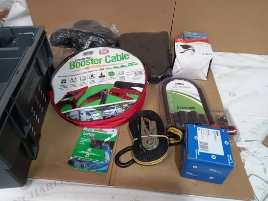 TOTE OF ASSORTED AUTO ITEMS TO INCLUDE A EMERGENCY BOOSTER CABLE, A LUCAS STANDARD AUTOMOTIVE BULB AND A U-TYPE LOCK