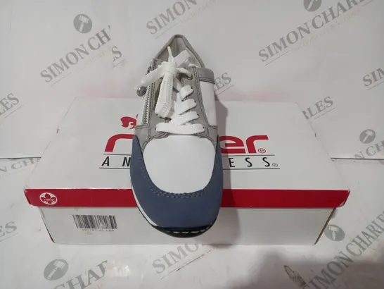 BOXED PAIR OF RIEKER SNEAKERS WITH REMOVABLE INSOLE COMBINATION BLUE UK SIZE 6.5