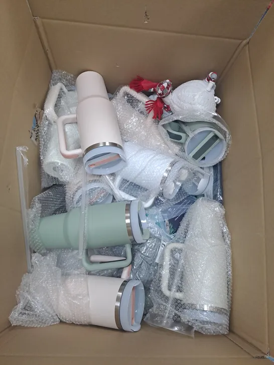 LARGE BOX OF ASSORTED FAUX STANLEY CUPS WITH STRAWS 