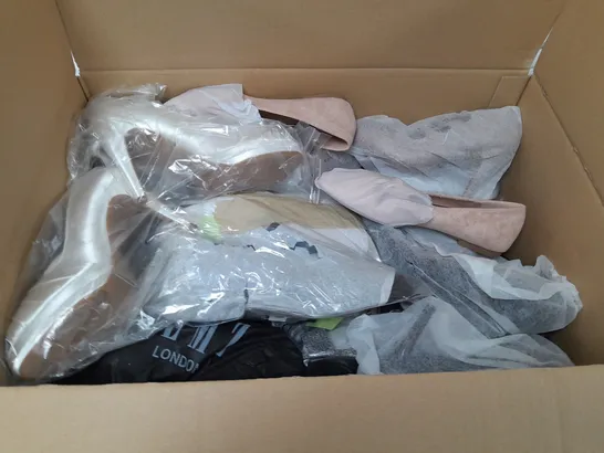 BOX OF APPROXIMATELY 10 ASSORTED WOMENS SHOES IN VARIOUS COLOURS, STYLES AND SIZES