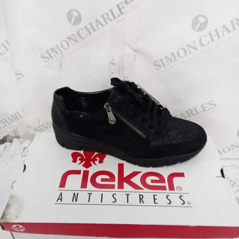 BOXED PAIR OF RIEKER WEDGE TRAINERS WITH SIDE ZIPS - BLACK - SIZE 6