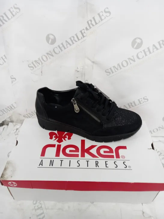 BOXED PAIR OF RIEKER WEDGE TRAINERS WITH SIDE ZIPS - BLACK - SIZE 6