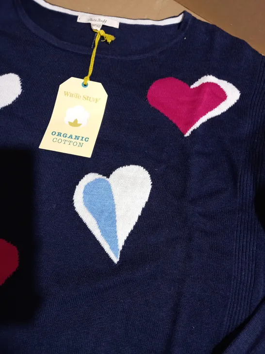 WHITE STUFF OLIVIA HEART NAVY JUMPER SIZE 12 