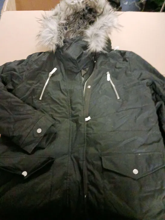 RUTH LANGSFORD LADIES BLACK PARKA WITH FUR TRIM HOOD SIZE L