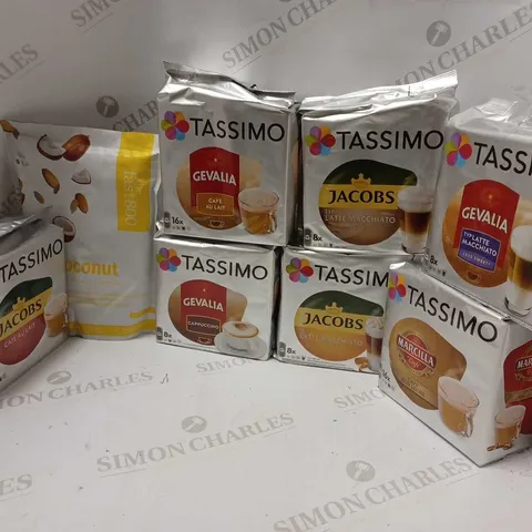 LOT OF APPROXMATELY 8 ITEMS TO INCLUDE TASSIMO GEVALIA LATTE MACCHIATO (8 PODS), MARCILLA CAFÉ CON LECHE FOR TASSIMO (16 PODS), THE FAST800 COCONUT REAL FOOD SHAKE 10 SERVINGS, ETC