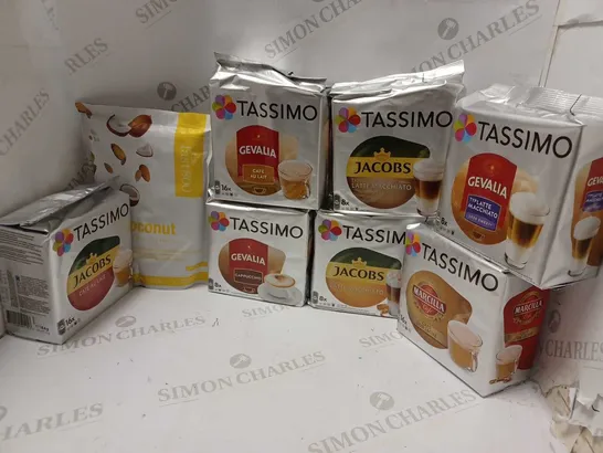 LOT OF APPROXMATELY 8 ITEMS TO INCLUDE TASSIMO GEVALIA LATTE MACCHIATO (8 PODS), MARCILLA CAFÉ CON LECHE FOR TASSIMO (16 PODS), THE FAST800 COCONUT REAL FOOD SHAKE 10 SERVINGS, ETC