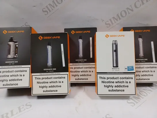 BOX OF 5 ASSORTED GEEKVAPE SYSTEMS TO INCLUDE GEEKVAPE H45, GEEKVAPE ONE, WENAX H1